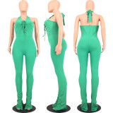 Sexy Solid Color Backless Eyelet Slit Jumpsuit