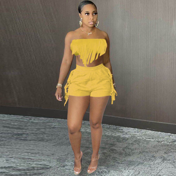 Solid Color Sexy Wrap Bust Fringe Two-Piece Set