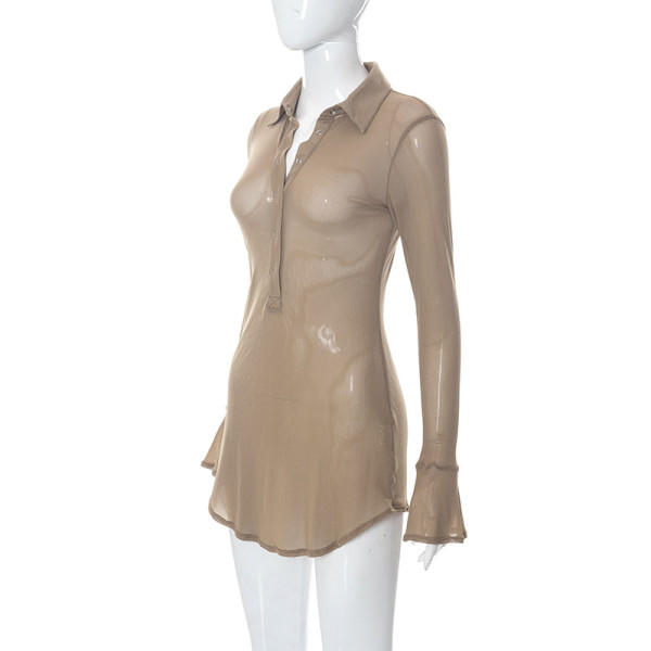 Solid Color Sexy Mesh POLO Neck Flared Sleeve Short Dress