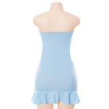 Women's solid color open back wrap chest ruffled hip short dress