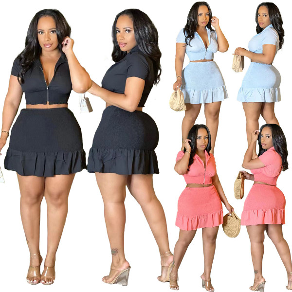 Fashion solid color pleated skirt suit