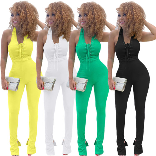 Sexy Solid Color Backless Eyelet Slit Jumpsuit