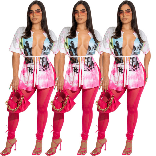 Digital Printing Fringe Short Sleeve T-Shirt Mesh Pencil Pants Two-Piece Set