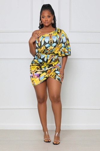 Sexy one-sleeve slanted shoulder shredded print dress