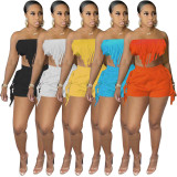 Solid Color Sexy Wrap Bust Fringe Two-Piece Set