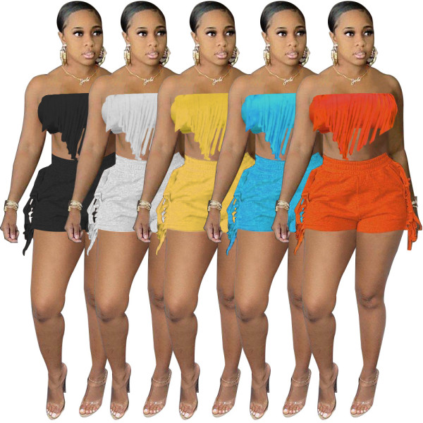 Solid Color Sexy Wrap Bust Fringe Two-Piece Set