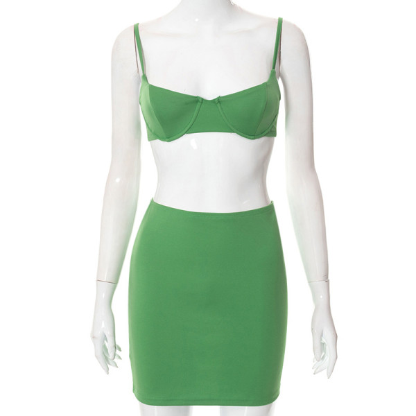 Solid color stitching sexy backless strapless navel skirt suit