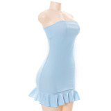 Women's solid color open back wrap chest ruffled hip short dress