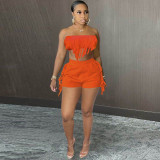 Solid Color Sexy Wrap Bust Fringe Two-Piece Set