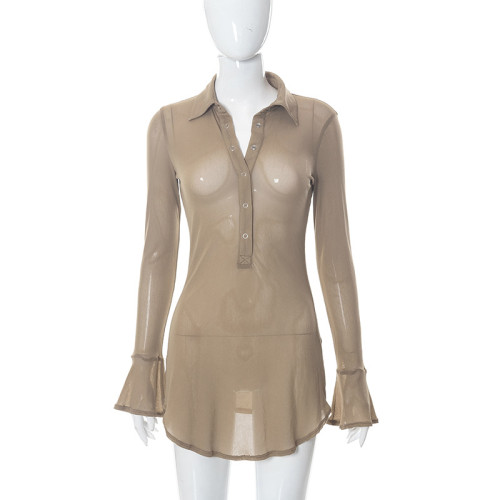 Solid Color Sexy Mesh POLO Neck Flared Sleeve Short Dress
