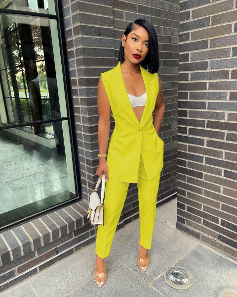 Solid color casual split suit two-piece suit (with belt)