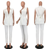 Solid color casual split suit two-piece suit (with belt)