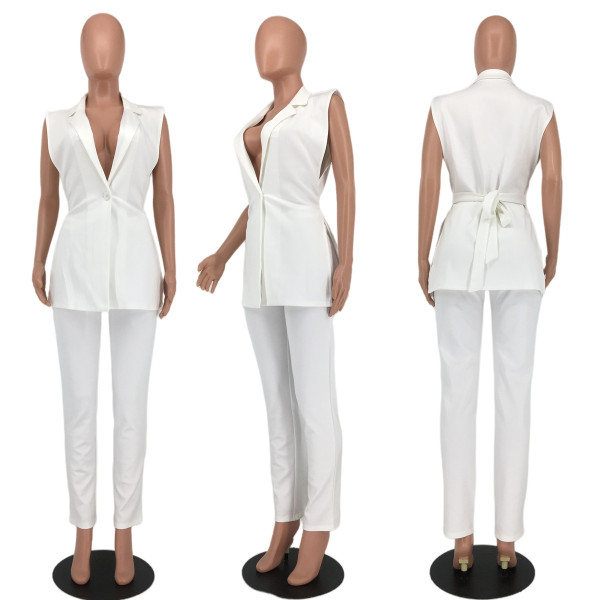 Solid color casual split suit two-piece suit (with belt)
