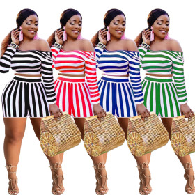 Striped Off Shoulder Long Sleeve Fashion Plus Size Casual Suit