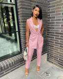 Solid color casual split suit two-piece suit (with belt)