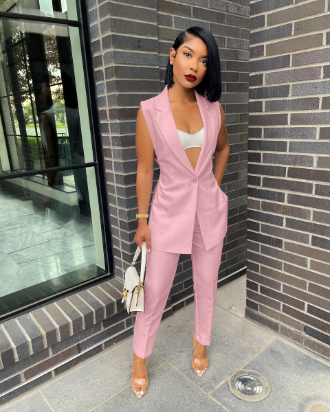Solid color casual split suit two-piece suit (with belt)