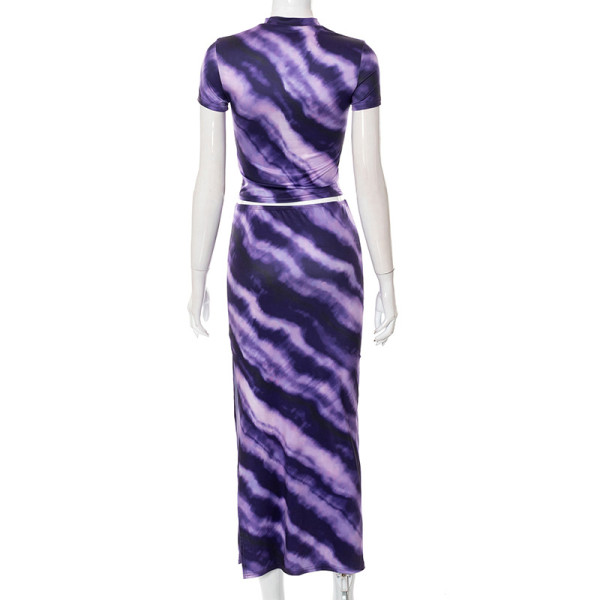Casual Printed Round Neck Short Sleeve Crop Navel T-Shirt Long Skirt Set
