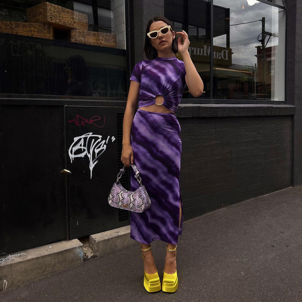 Casual Printed Round Neck Short Sleeve Crop Navel T-Shirt Long Skirt Set