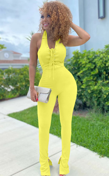 Sexy Solid Color Backless Eyelet Slit Jumpsuit