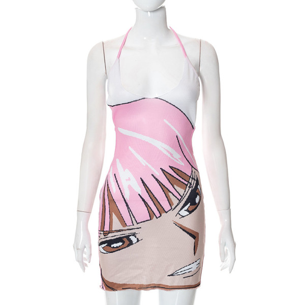 Casual halter neck tie cartoon print short dress