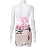 Casual halter neck tie cartoon print short dress