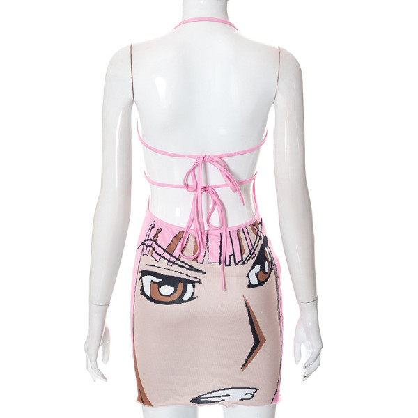 Casual halter neck tie cartoon print short dress