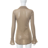 Solid Color Sexy Mesh POLO Neck Flared Sleeve Short Dress