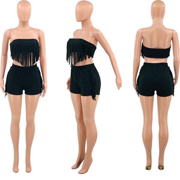 Solid Color Sexy Wrap Bust Fringe Two-Piece Set