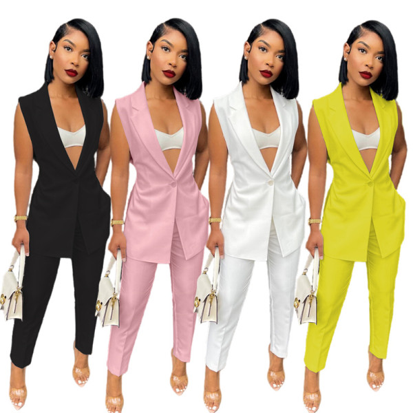 Solid color casual split suit two-piece suit (with belt)