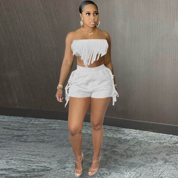 Solid Color Sexy Wrap Bust Fringe Two-Piece Set