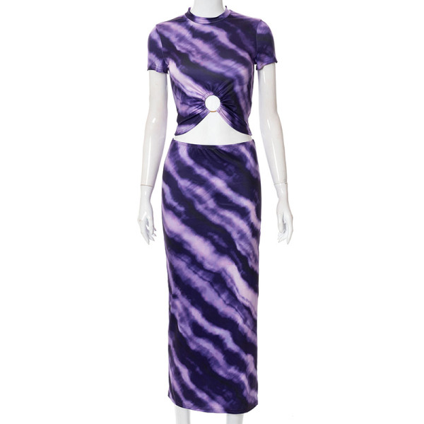 Casual Printed Round Neck Short Sleeve Crop Navel T-Shirt Long Skirt Set
