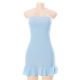 Women's solid color open back wrap chest ruffled hip short dress