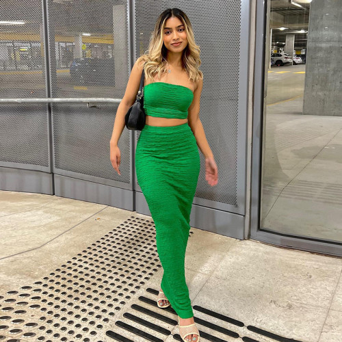 Solid Color Open Back Wrap Chest Pack Hip Long Skirt Slim Fit Casual Suit