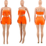 Solid Color Sexy Wrap Bust Fringe Two-Piece Set