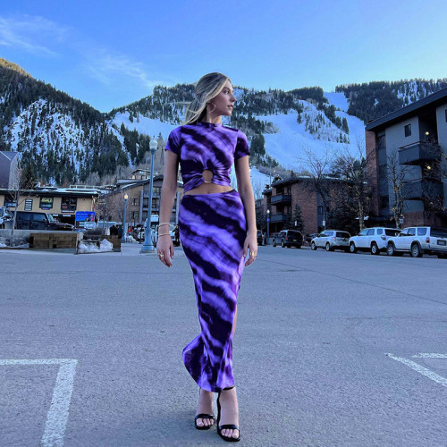 Casual Printed Round Neck Short Sleeve Crop Navel T-Shirt Long Skirt Set