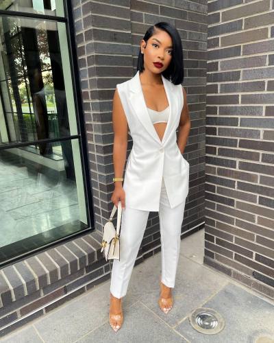 Solid color casual split suit two-piece suit (with belt)