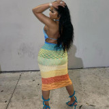 Women's Fashion Contrast Color Halter Backless Sexy Hollow Print Dress Women