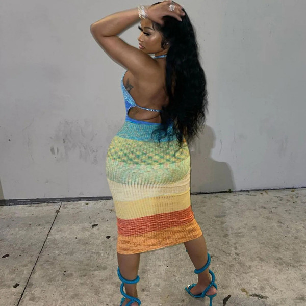 Women's Fashion Contrast Color Halter Backless Sexy Hollow Print Dress Women