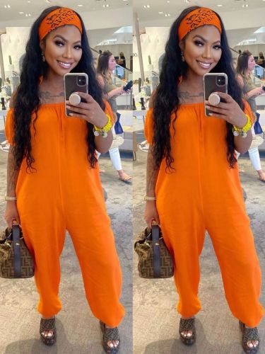 Women's Fashion Casual Loose Sexy One Shoulder Solid Color Pocket Short Sleeve Jumpsuit