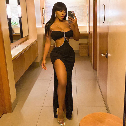 Women's Rhinestone Sling Sexy Backless Hollow Slim Fit Hip Dress