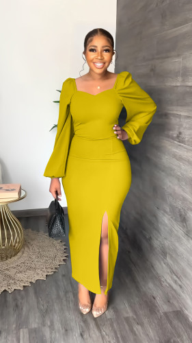 Women's Chiffon Sleeves Backless Zipper Sexy Hips Slit Dress