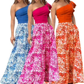 Two-piece set of personalized one-shoulder sleeve top + printed skirt