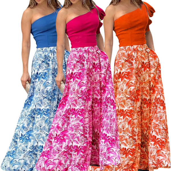 Two-piece set of personalized one-shoulder sleeve top + printed skirt