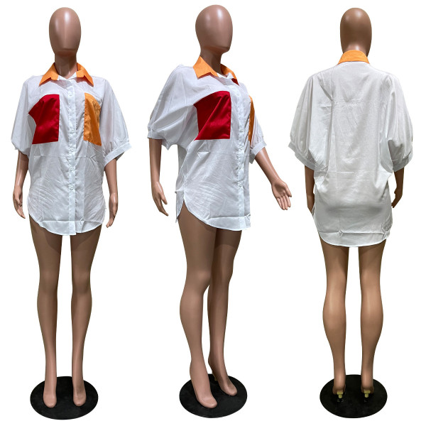 Women's Patch Collar Raglan Sleeves Contrast Pocket Blouse