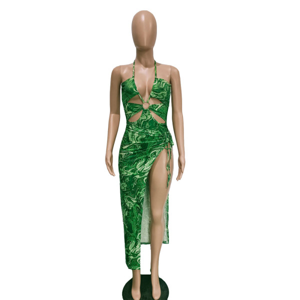Sexy Ladies Print Tie Hoop Beachwear Two-Piece Set