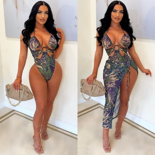 Sexy Ladies Print Tie Hoop Beachwear Two-Piece Set
