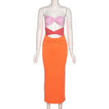 Women's fashion sexy wrap chest one-shoulder slim hollow contrast color dress women