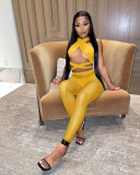 Feminine hollow halter neck cross mesh stitching perspective three-piece female