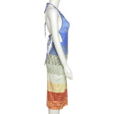 Women's Fashion Contrast Color Halter Backless Sexy Hollow Print Dress Women