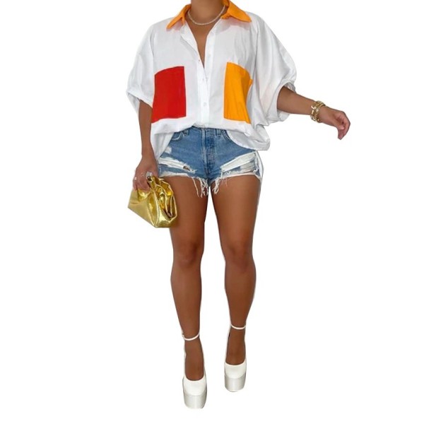 Women's Patch Collar Raglan Sleeves Contrast Pocket Blouse